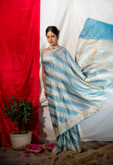 Handloom Light And Dark Powder Blue Mushru Banarasi Saree With Tanchoi Adda Rangakt Body And Border